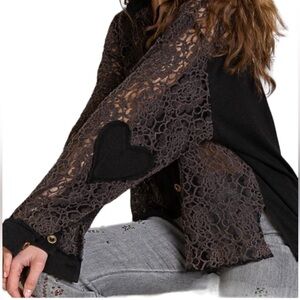 POL Black Lace Embellished Blouse with Bell Sleeves